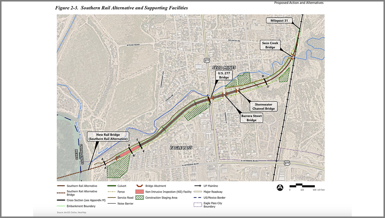 The Surface Transportation Board’s Office of Environmental Analysis has identified the Southern Rail Alternative, one of two studied, as the Preferred Alternative for Green Eagle Railroad’s proposed 1.335-mile rail line in Maverick County, Tex. (Map Courtesy of STB OEA)